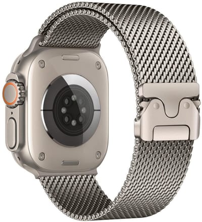 Milanees bandje - geschikt voor Apple Watch series 1/2/3/4/5/6/7/8/9/10/11/ SE (1,2,3) / Ultra (1,2,3) met maat 44 mm / 45 mm / 46 mm / 49 mm - Milanese met P-buckle - titanium