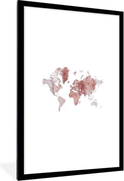 Poster in lijst - Fotolijst 80x120 cm - Posters - Wereldkaart - Steen - Rood - Wit - Posterlijst zwart - Decoratie - Wanddecoratie woonkamer - Muurdecoratie slaapkamer