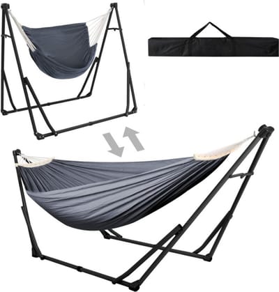 Hangmat met Standaard - Hangstoel - 2 in 1 - Tuinhangmat - 200 kg Capaciteit - Robuuste Stof - Heavy Duty Stalen Standaard - Draagtas Inbegrepen - voor Buiten - Balkon - Terras - Tuin - 180 x 130 cm - Zwart