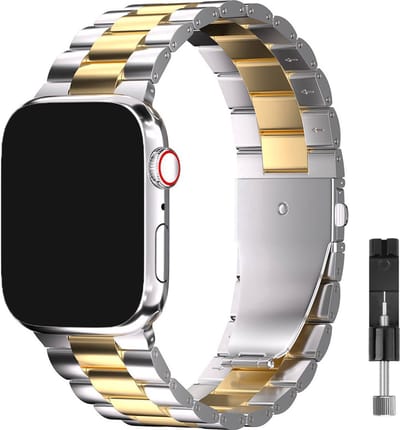 Stravo Stalen bandje - Geschikt voor Apple Watch 42mm (Series 11/10), 41mm (Series 9/8/7), 40mm (Series 6/5/4, SE 1/2/3), 38mm (Series 3/2/1) - RVS Horlogebandje - Zilver/goud