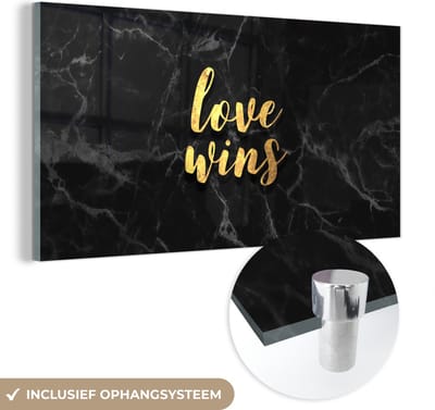 MuchoWow® Glasschilderij 40x20 cm - Schilderij acrylglas - Quote - Love - Marmer - Goud - Foto op glas - Schilderijen