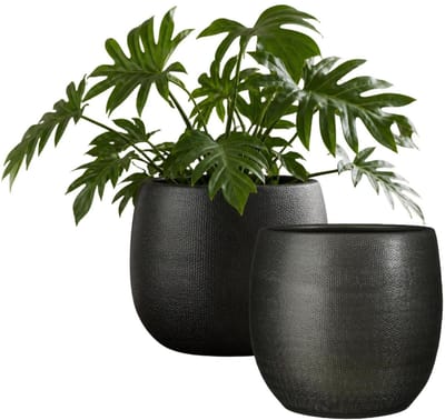 Mica Decorations Plantenpot - 2x - keramiek - antraciet glans / ribbels - D31 x H32 cm - bloempot Porto