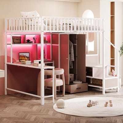 Wishdor Hoogslaper - 140 x 200 cm - Met Bureau en Kledingkast - Ledverlichting en Laadpoorten - Metaal Wit - Opbergrekken en Lades - Opbergladder - Complete Slaap- en Opbergoplossing voor Tienerkamer - Stabiel tot 150 kg