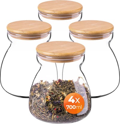 KADAX voorraadpotten 700ml, set van 4, glazen voorraadpotten, glazen potten met luchtdichte deksels, voorraadpotten voor het bewaren van levensmiddelen