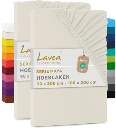 Lavea® Set van 2 Hoeslakens 90x200cm - 100x200cm – 100% Zacht en Ademend Katoen – voor Dikke Matrassen tot 20 cm – Jersey met Elastiek rondom – Crème