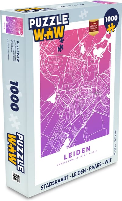 Puzzel Stadskaart - Leiden - Paars - Wit - Legpuzzel - Puzzel 1000 stukjes volwassenen - Plattegrond