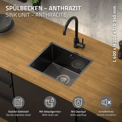 Inbouwspoelbak 34 x 40 cm, antraciet, met afvoerset en overloop van roestvrij staal ML-Design
