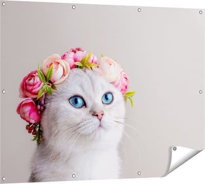Gards Tuinposter Kat met een Bloemen Kroon - 120x90 cm - Tuindoek - Tuindecoratie - Wanddecoratie buiten - Tuinschilderij