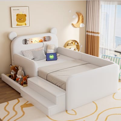 Kinder Gestoffeerd Bed - 90 x 200 cm - Met Beren Hoofdbord Nachtlicht USB Opbergruimte Trapzit - Kunstleer - Wit