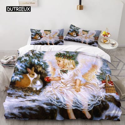 Engel Olieverf Beddengoedset Europees Retro Olieverf Kunstwerk Dekbedovertrek Quiltovertrek voor Vrouwen Kinder Slaapkamer Decoraties 150x200cm 3pcs