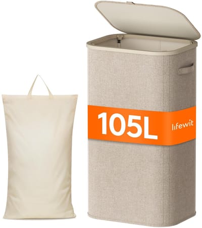 Allecto - Wasmand - 105L - Vouwbaar en Met Deksel - Beige - Handige Opbergoplossing - Geschikt voor Badkamer en Slaapkamer - Ruimtebesparend