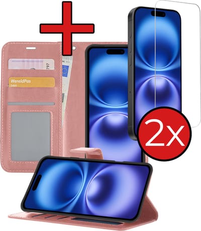 Hoesje - Met 2x Screenprotector - Geschikt voor Apple iPhone 16 - Luxe Pasjeshouder - Flip Case - Bookcase Portemonee - Kunstleer Book Case - Flipcase Hoes - Book Cover - Walletcase - Portemonneehoes - Telefoonhoes - Rosé goud