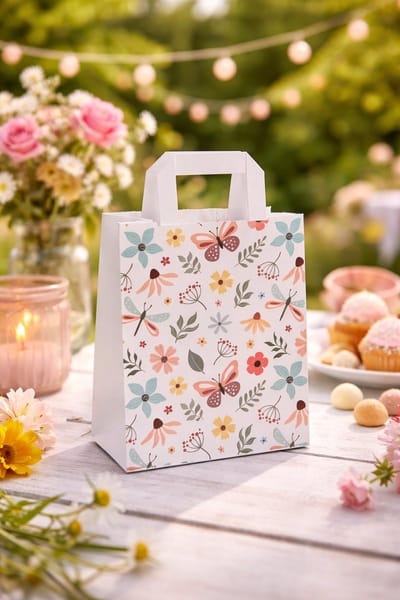 50 kleine papieren cadeautasjes "Butterfly" 18x8x22 cm draagtassen papier met vlak handgrepen - Kraft Tasjes Met Handvat – Zakjes geschenkzakjes ideaal voor verjaardag, winkelen bloemen lente
