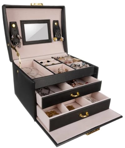 Rojafit - Juwelendoos - Sieradendoos - Sieraden Organiser - Zwart met Beige interieur - Afmeting: 17,5 x 13 x 13,5 cm.
