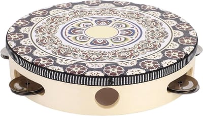 Houten Tamboerijn - Handtrommel Bellen - Muziek Maken - Gladde Braamvrije Afwerking - 8 Inch - Witte Bloem