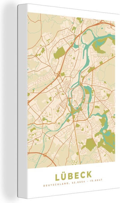 Canvas Schilderij Lübeck - Plattegrond - Kaart - Vintage - Stadskaart - 20x30 cm - Wanddecoratie