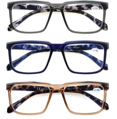 Amazotti Capri Leesbrillen +2.50 – Set van 3 – Blauwlicht filter & Computerbril - Trendy montuur – Italiaans Design – Lichtgewicht Kunststof – Dames & Heren – Blauw, Zand Beige, Grijs