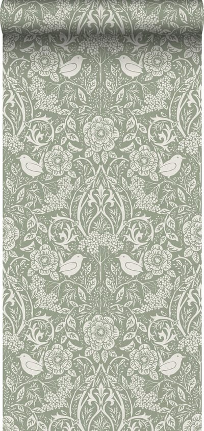 ESTAhome behang bloemen en vogels in art nouveau stijl vergrijsd groen - 53 cm x 10.05 m - 139293