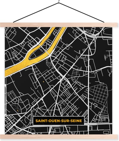 Posterhanger incl. Poster 40x40 cm - Schoolplaat - Saint-Ouen-sur-Seine - Stadkaart - Plattegrond - Kaart - Frankrijk - Textielposter - Blanke latten - Stadskaart