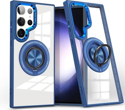 Hoesje Geschikt voor Samsung Galaxy S24 Ultra hoesje met Magnetisch draaibare Ringhouder - Arara backcover - Transparant/ Blauw