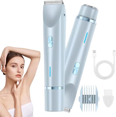 2-in-1 scheerapparaat voor dames - Elektrisch scheerapparaat met twee koppen - Waterdicht, nat en droog - Epilator - Bikinilijntrimmer - Trimmer voor dames - Blauw