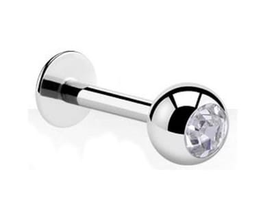 Titanium Labret Piercing 8 mm (1,2 mm staaf) met 3 mm bal & wit steen-accent – RH-Jewelry [High Quality Piercing]