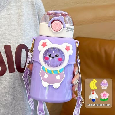 550ML Schattige Cartoon Beer Thermos Waterfles Met Rietje Thermisch Voor Kinderen Meisjes Draagbaar School Roestvrij Staal Thermische Isolatiebeker 501-600ml