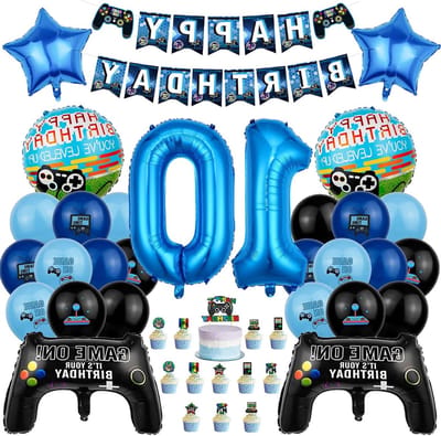 Dailygoods- Ballon 10e Verjaardag Blauw - Videogame Taartdecoratie - Jongens Verjaardag Decoratie - Thema Verjaardagsfeestje - Folieballon - Milieuvriendelijk Materiaal - Feestballon