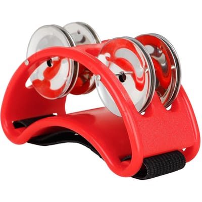 Tambourin à pied de percussion avec 4 paires de jingles en acier inoxydable et sangle élastique rouge