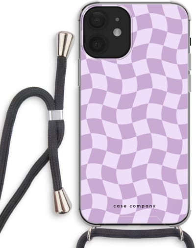 Case Company® - Hoesje met koord geschikt voor iPhone 12 mini hoesje met Koord - Grid Paars - Telefoonhoesje met Zwart Koord - Bescherming aan alle Kanten en Over de Schermrand