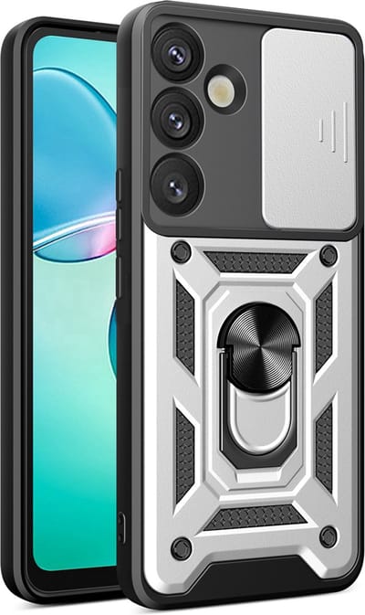 MobyDefend Hoesje - Geschikt voor Samsung Galaxy S25 Plus (S25+) - Pantsercase Met Draaibare Ring - Zilvergrijs