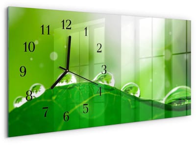 Tulup Wandklok - Dauw op een blad Moderne Wandklok Glas - 60x30 cm - Groente Wandklok Glas Decoratie - Zwarte Handen - Rechthoekige Wandklok - Glazen Wandklok Design - Klok Glas Met Opdruk