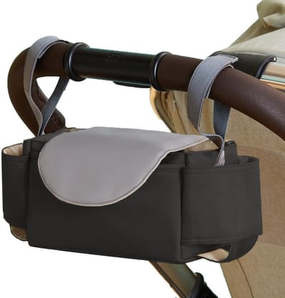 Draagbare Buggy Organiser met Isolerende Bekerhouder, Ruime Opbergtas voor Kinderwagens, Zwart