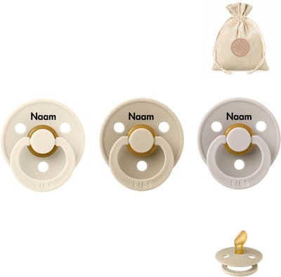BIBS fopspenen anatomisch met naam - maat 2 - ivory, vanilla en sand + BolleToet speenzakje