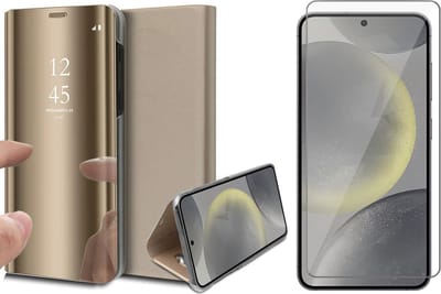 Hoesje geschikt voor Samsung Galaxy S24 - Screenprotector Glas - Spiegel Book Case Goud