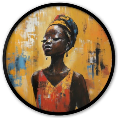Poster in lijst Rond - Fotolijst 40x40 cm - Posters - Vrouw - Ogen - Penseelstreken - Geel - Ronde posterlijst zwart - Decoratie - Wanddecoratie woonkamer - Muurdecoratie slaapkamer
