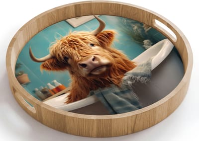 Dienblad rond 40x40 cm - Schootdienblad hout - Schotse hooglander - Badkamer - Blauw - Bad - Borrelplank rechthoek - Plateau houten dienbladen
