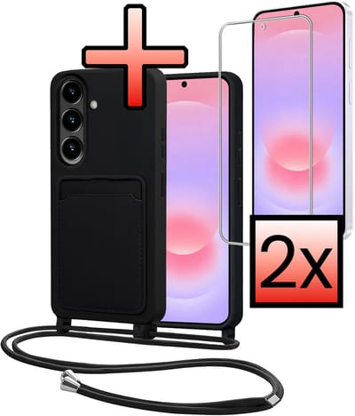 Hoes Geschikt voor Samsung A37 Met Telefoonkoord Met 2x Screenprotector - Siliconen Hoesje Backcover Met Ketting - Zwart