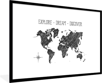 Fotolijst incl. Poster - Wereldkaart - Quote - Windroos - 90x60 cm - Posterlijst