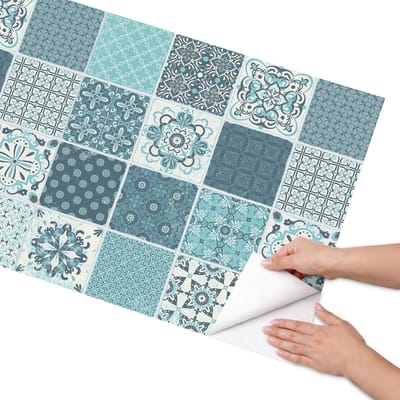 Coloray Meubel Wrap Folie - Blauw Meubelfolie - 65x130 cm - Plakfolie Meubels Turkooizen tegels - Decoratiefolie Zelfklevend - Vintage Meubelfolie - Meubelfolie Zelfklevend - Badkamer decoratie - Achtergronden en patronen