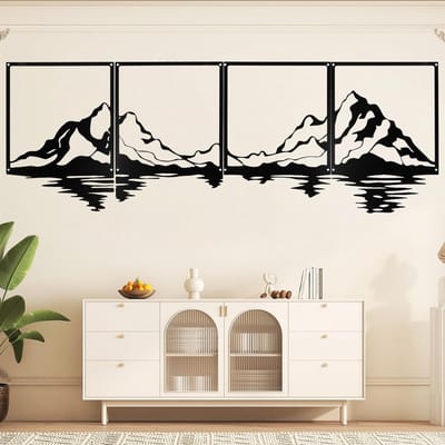 Set van 4 metalen wanddecoraties in zwart, boho-stijl, esthetische handafbeeldingen voor slaapkamer en woonkamer, 40 x 28 cm