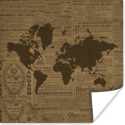 Poster 30x30 cm - Wereldkaart Bruin - Krant - Letters - Posters - Kamer decoratie - Wanddecoratie woonkamer - Muurdecoratie slaapkamer
