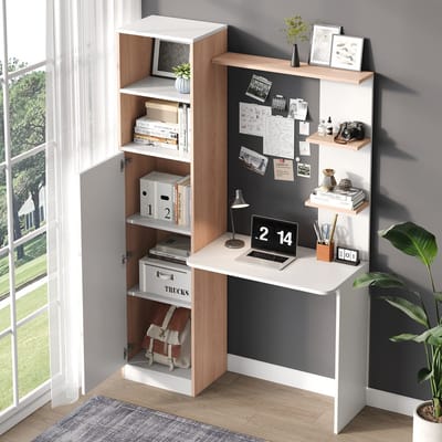 STILVORA Bureau - Werktafel Met Contrasterend Wit+Notenbruin Design - 1 Deur 2 Open Planken - MDF - 123,5x45x168,5 cm - Voor Thuiswerk En Studenten