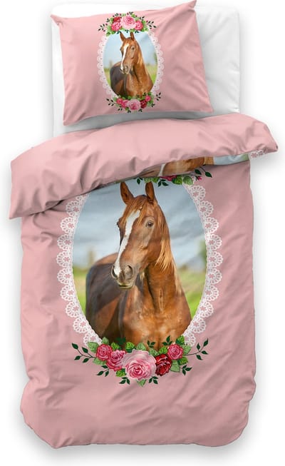 Sleeptime Cute horse Dekbedovertrek - Eenpersoons - 140X200/220 + 1 x kussensloop 60x70 - Wit