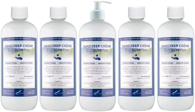 Handzeep Crème Eucalyptus 1 liter - set van 5 stuks - met gratis pomp - Voordeelverpakking