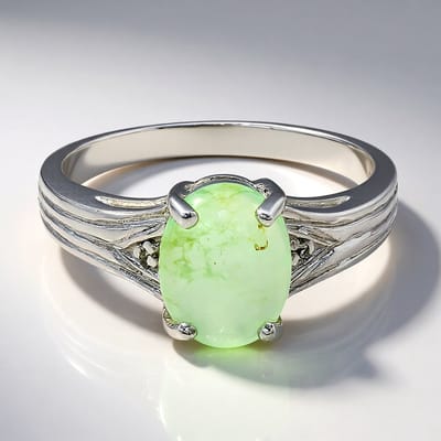 Cavill - Zilveren Ring met 1,36 ct Ovale Chrysopraas & Witte Topaas 925 Sterling Zilver - Elegant Met Prongzetting & Gravures - Maat 17