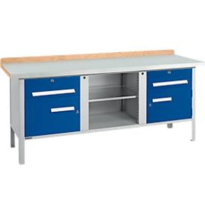 Box-type werkbank Schäfer Shop Select PW 200-0 - beuken multiplex blad - met stalen afdekking - tot 750 kg - B 2000 x D 700 x H 840 mm - gentiaanblauw
