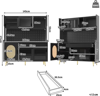 MODENUIT Buffetkast - Met Ledverlichting En Opbergruimte - Voor Keuken En Woonkamer - MDF - Zwart - 145x39x171 cm