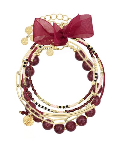 Mint15 Armbandenset 'Burgundy Love' - Handgemaakte armbanden bordeaux / goudkleur - Stainless Steel RVS/Roestvrij staal - Samengestelde cadeauset met 4 armbanden