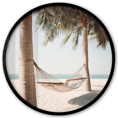 Poster in lijst Rond - Fotolijst 40x40 cm - Posters - Hangmat - Palmbomen - Strand - Zee - Ronde posterlijst zwart - Decoratie - Wanddecoratie woonkamer - Muurdecoratie slaapkamer